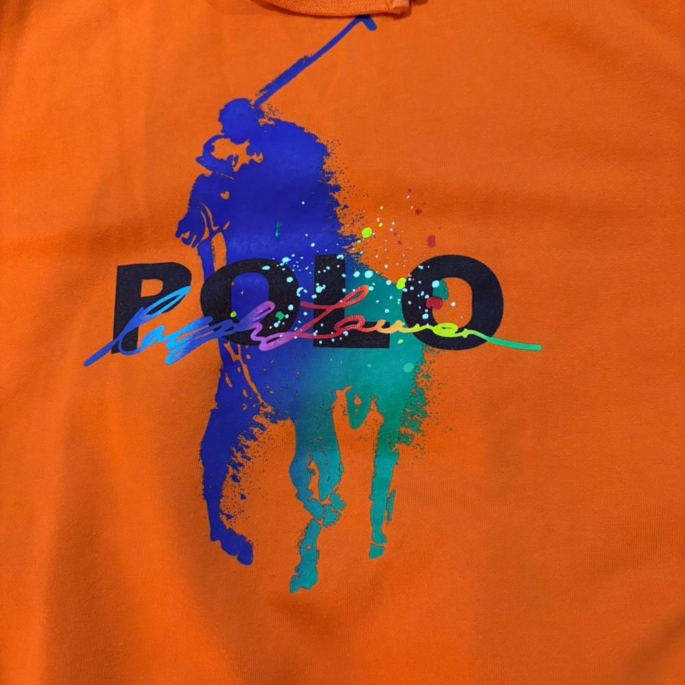Polo Ralph Lauren Mens Orange Paint Splatter Big Pony Graphic Hoodie Small